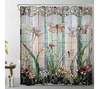 ECOTOB Green Garden Shower Curtain for Bathroom, Stained Glass Floral and Dragonfly Print Bathroom Decor, Aesthetic Bath Curtain Polyester Fabric with Hooks, 72Lx72W Inches