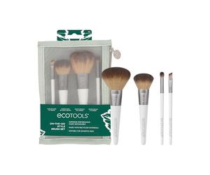 EcoTools On-The-Go Style Brush Set, 4 Makeup Applicators & Cosmetic Case | Even Foundation, Blend & Blush, Soft Synthetic Bristles for Eyes, Brows, Lashes & Face, Bamboo Handles, Travel Kit