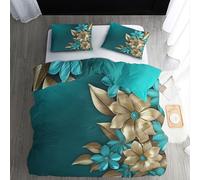 ECOTOS Gold Flower Bedding King Size, Turquoise Floral Duvet Cover Sets, Luxury Reversible Quilt Cover & 2 Pillowcases with Zipper Closure, Comfy Soft Easy Care Breathable Microfibre Bed Set