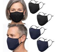 ecotru ®4 UK Pack Reusable Cotton Face Masks, 2 Navy Blue, 2 Black Mask with Nose Wire for Glass Wearers, 3-Ply Washable & Breathable Fabric with Filter Pocket & Adjustable Loops