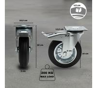 Ecovelo Silent Swivel Casters Rubber Heavy Duty 160 mm 200 mm Black
