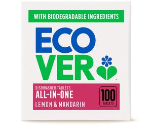 Ecover All in One Dishwasher Tablets, All-In-One Dishwasher Salt & Rinse Aid, Power Cleaning, Mandarin and Lemongrass Scent, Pack of 1, 100 Tablets