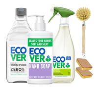 Ecover Household Cleaning Bundle - Washing Up Liquid 450ml, Hand Soap 250ml, Multi-Action Surface Cleaner 500ml, 2 Plant-Based Sponges & Wooden Dish Brush
