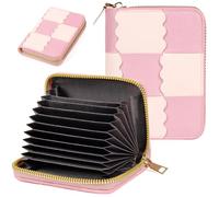 EcoVision Credit Card Holder RFID Card Case Wallet, Small Accordion Zipper Card Case Holder, Card Organizer Case for Women Men, Cross Lattice Pink, Minimalist