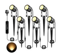 ECOWHO Garden Spotlights Outdoor 6-Pack, 21m Extendable to 8 LED 12V Spike Lights Mains Powered Waterproof Uplighters for Patio, Path, Lawn (Warm White, 18W with UK Plug Adapter)