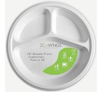 ECOWINGS 10 Inch 3-Compartment Bagasse Disposable Plates, Pack of 50 - Compostable Divided Dinner Plates for BBQs, Parties, Meal Prep, Curry, Rice & Sides