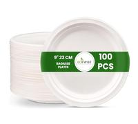 EcoWise 100 Disposable Bagasse Plates - 9 Inch Eco-Friendly Sugarcane Fibre Compostable White Paper Plates - Microwave-Safe Natural Party Plates for Hot & Cold Food