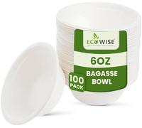 EcoWise 100 Paper Bowls 6oz White Rigid Bagasse Bowls Eco-Friendly Biodegradable Disposable Bowls for Hot and Cold Food Perfect for Soup, Salad, Dessert