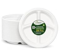 EcoWise 11 Inch 4 Compartment Bagasse Plates - 200 Pack | Disposable Sugarcane Food Trays | Heavy Duty Round Paper Plates | Biodegradable & Compostable Party Plates for BBQ, Catering, Picnic & Events