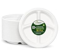 EcoWise 11 Inch 4 Compartment Bagasse Plates - 50 Pack | Disposable Sugarcane Food Trays | Heavy Duty Round Paper Plates | Biodegradable & Compostable Party Plates for BBQ, Catering, Picnic & Events