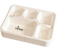 EcoWise 5 Compartment Dinner Plates - Pack of 50, Bagasse Sugarcane Paper Trays, Compostable & Biodegradable Meal Trays, Disposable Dinner Party Plates for Catering, BBQ, Picnic, Hot & Cold Food