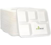 EcoWise 5 Compartment Disposable Plates STRONG PLATES for LUNCH & DINNER 25pcs Size 30cm X 20cm X 5cm - Heavy Duty Sugarcane Plates 100% Compostable Ecofriendly Divided Dinner Plates Microwave Safe