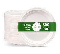 EcoWise 500 Disposable Bagasse Plates - 9 Inch Eco-Friendly Sugarcane Fibre Compostable White Paper Plates - Microwave-Safe Natural Party Plates for Hot & Cold Food