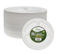 EcoWise 9" X 3 Compartment Bagasse Plates - 100% Biodegradable & Compostable Sugarcane Fibre Disposable Dinner Plates, Heavy Duty Eco Friendly Party Plates for BBQ, Picnic, Catering (Pack of 50)