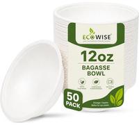 EcoWise Disposable Bagasse Bowls - 12oz/340 ml, Eco Friendly Biodegradable Compostable Sturdy Sugarcane Paper Bowls Hot & Cold Uses for Soup, Salad, Milk, Cereals, Restaurants BBQ Party (Pack of 50)