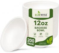 EcoWise Disposable Bagasse Bowls - 12oz/340 ml, Eco Friendly Biodegradable Compostable Sturdy Sugarcane Paper Bowls Hot & Cold Uses for Soup Salad, Milk, Cereals, Restaurants BBQ Party (Pack of 200)