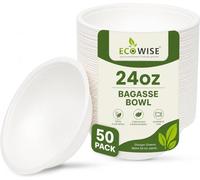 EcoWise Disposable Bagasse Bowls - 24 Oz/750ml, Eco Friendly Biodegradable Compostable Sturdy Sugarcane Paper Bowls, Hot & Cold Food for Soup, Salad, Milk Cereals,Restaurants BBQ Party (Pack of 50)