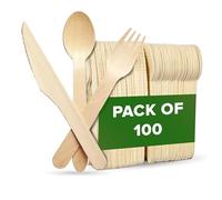 Ecowise Disposable Wooden Cutlery Set - Pack of 100 Eco-Friendly Biodegradable Disposable Cutlery - Party Cutlery Assorted Wooden Spoons Forks and Knives