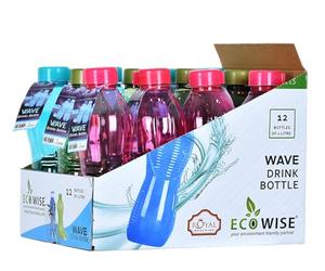 EcoWise Reusable Plastic Water Bottles - 1 Litres, 12-Pack, Drinking Juice Wave Design Water Bottles with Leakproof Cap, Lightweight, Durable & BPA-Free for Home Office School Outdoor Sports Gym