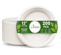 EcoWise X-Large Round Bagasse Disposable Plates | 12 inch - 200 Pack | Biodegradable & Compostable ECO Friendly Dinner Party Sugarcane Paper Plates, Perfect for Parties, BBQ, Wedding & Catering