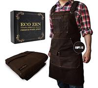ecoZen 16oz Waxed Canvas Work Apron with Tape Holder - 27 x 34 inches Shop Apron with Elastic Back Strap and Front Pockets, Fully Adjustable, Tough Protection for Men - Brown