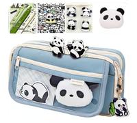 Ecqizer 10Pcs Cute Panda Pencil Case Large Capacity for Adults Aesthetic Pencil Case Kawaii Pencil Pouch Cute With Zipper Preppy Pen Bag With Gel Ink Pens, Clips, Stickers, Pin (Blue)