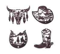Ecqizer Western Wall Decor Set of 4 - Rustic Brown Metal Cowboy Wall Art with Horseshoe, Boot & Skull | Country Western Decor for Home, Bedroom, Living Room & Bathroom (B)