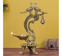 eCraftIndia Antique Finish Decorative Handcrafted Brass Peocock Wall Hanging Diya with Bells