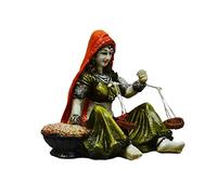eCraftIndia Handcrafted Polyresin Rajasthani Women Statue Using Antique Weighing Scale - Decorative Human Figurine Showpiece - Gift for Mother, Grandmother - Suitable for Diwali, Navratri Festivals