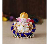 eCraftIndia Resin Lord Ganesha Idol On Peacock Feather Decorative Plate - Ganesha Statue for Home Decor, Car Dashboard, Ganpati Murti Gift for Diwali, Ganesh Chaturthi, Housewarming, Birthday