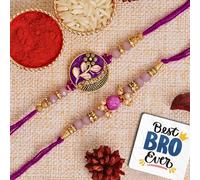 eCraftIndia Set of 2 Purple Floral & Pearl Designer Rakhis with Roli Chawal Pack and Happy Rakhi Wooden Cutout