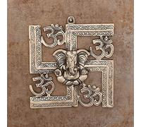 eCraftIndia Silver Lord Ganesha On Om Swastik Symbol Metal Wall Hanging - Exquisite Hindu God Figurine For Home, Temple, Office, Sacred Spaces - Gift For Housewarming, Festive Occasions