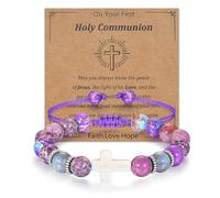 Ecripe Holy Communion Gifts for Girls, Charm Bracelet with Christening Card, Beaded Bracelets with Cross for Daughter (On Your First Holy Communion)