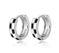 Ecripe Silver Hoop Earrings for Women, Black White Hoops Earrings, Checkered Huggie Hoops for Ladies Girls, 10mm Sleeper Earring Hoops