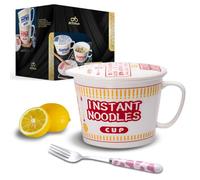ECTbicyk 1000ml Ceramic Noodle Bowl with Lid Big Ramen Bowl Set with Fork Large Soup Mug with Handle Cute Cereal Cup Noodles Bowl Red Microwave Safe
