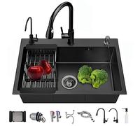 ECTbicyk Black Single-Bowl Stainless Steel Kitchen Sink Set With Retractable Faucet and Various Accessories (68x45cm)