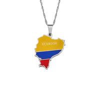 Ecuador Map With Flag Pendant Necklaces Ecuadorian Ethnic Jewelry For Women Men(Silver Color,60cm)