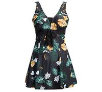 ECUPPER Ladies One Piece Swimdress Plus Size Bathing Suit Beachwear Swimming Costume Dress with Boy Shorts Black Flower 4XL