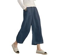 ECUPPER Ladies Plus Size High Waisted Cotton Pants Relaxed Wide Leg Cropped Leisure Trousers Dark Blue L