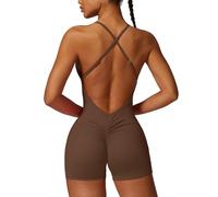 ECUPPER Women Backless Workout Jumpsuits One Piece Adjustable Strap Gym Rompers Zip Up Tummy Control Yoga Bodysuit Dark Brown L
