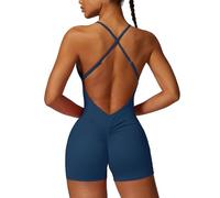 ECUPPER Women Backless Workout Jumpsuits One Piece Adjustable Strap Gym Rompers Zip Up Tummy Control Yoga Bodysuit Steel Blue S