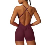 ECUPPER Women Backless Workout Jumpsuits One Piece Adjustable Strap Gym Rompers Zip Up Tummy Control Yoga Bodysuit Deep Purple L