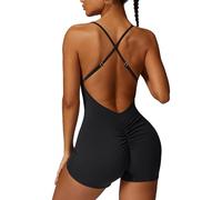 ECUPPER Women Backless Workout Jumpsuits One Piece Adjustable Strap Gym Rompers Zip Up Tummy Control Yoga Bodysuit Black S