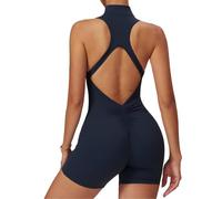ECUPPER Women Backless Workout Jumpsuits One Piece Sleeveless Gym Rompers Zip Up Tummy Control Scrunch Shorts Yoga Bodysuit Dark Blue XS