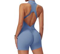 ECUPPER Women Backless Workout Jumpsuits One Piece Sleeveless Gym Rompers Zip Up Tummy Control Scrunch Shorts Yoga Bodysuit Light Blue S