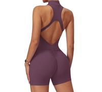 ECUPPER Women Backless Workout Jumpsuits One Piece Sleeveless Gym Rompers Zip Up Tummy Control Scrunch Shorts Yoga Bodysuit Grape Wine XL