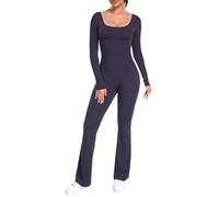 ECUPPER Women Long Sleeve Flared Yoga Jumpsuit U-Neck Gym Unitard Full Length Bodysuit One Piece Backless Romper with Pockets Navy S