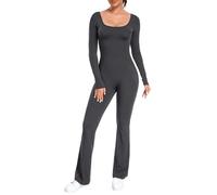 ECUPPER Women Long Sleeve Flared Yoga Jumpsuit U-Neck Gym Unitard Full Length Bodysuit One Piece Backless Romper with Pockets Grey M