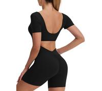 ECUPPER Women's Backless Gym Jumpsuit all in one Yoga Unitards Short Romper Suits Workout Bodysuit Scrunch Bum Playsuits Black M