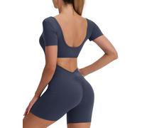 ECUPPER Women's Backless Gym Jumpsuit all in one Yoga Unitards Short Romper Suits Workout Bodysuit Scrunch Bum Playsuits Navy Blue M